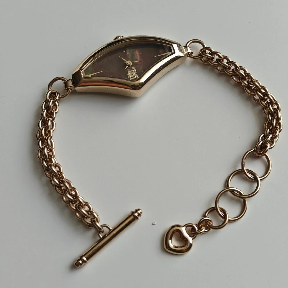 Jennifer Lopez Gold Tone Asymmetrical Watch Bracelet Brown Iridescent Chain Link